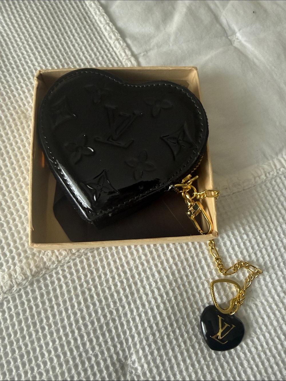 Louis Vuitton Black Patent Heart Coin Pouch with Gold Chain Charm